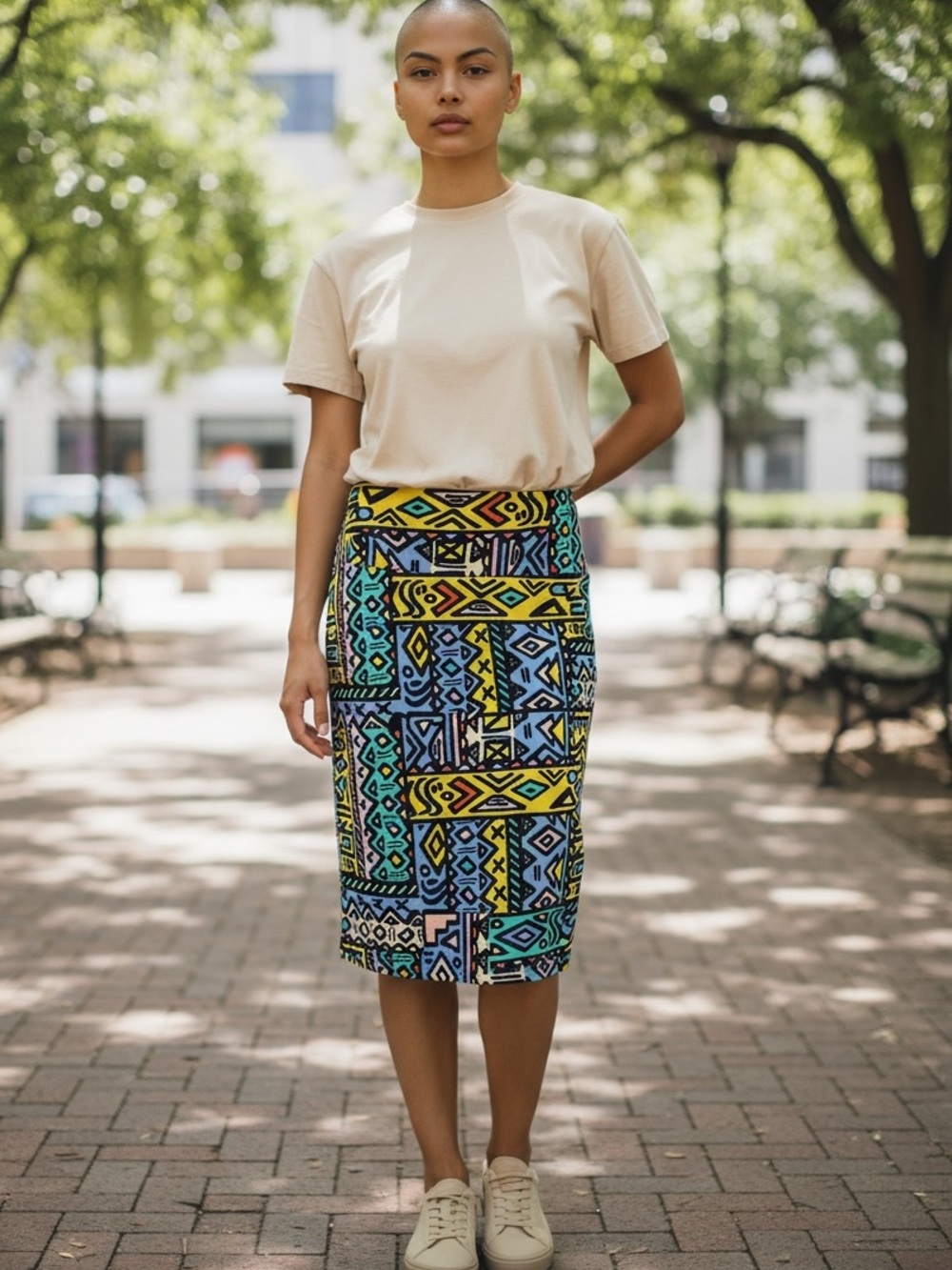LULAROE GEOMETRIC ABSTRACT PRINT STRETCHY MIDI SKIRT MULTICOLORED SIZE LARGE